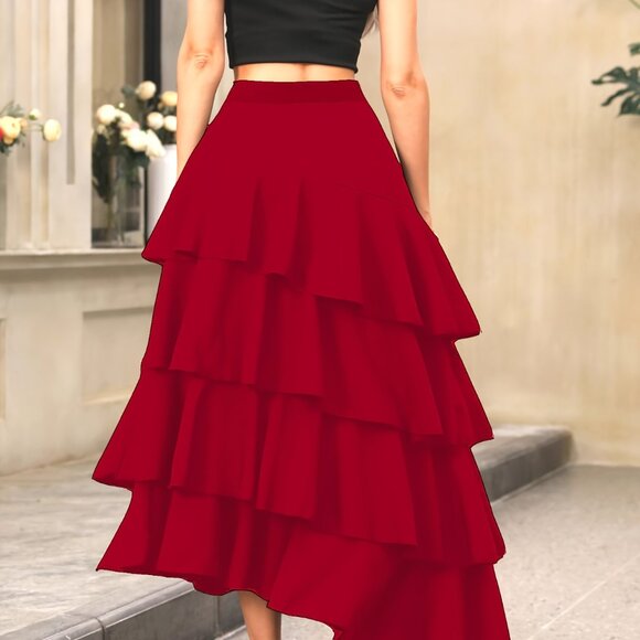 Elegant Ruffle Hem Tiered Skirt - High Waist Perfect for Womens Curvy Figure - Picture 8 of 8